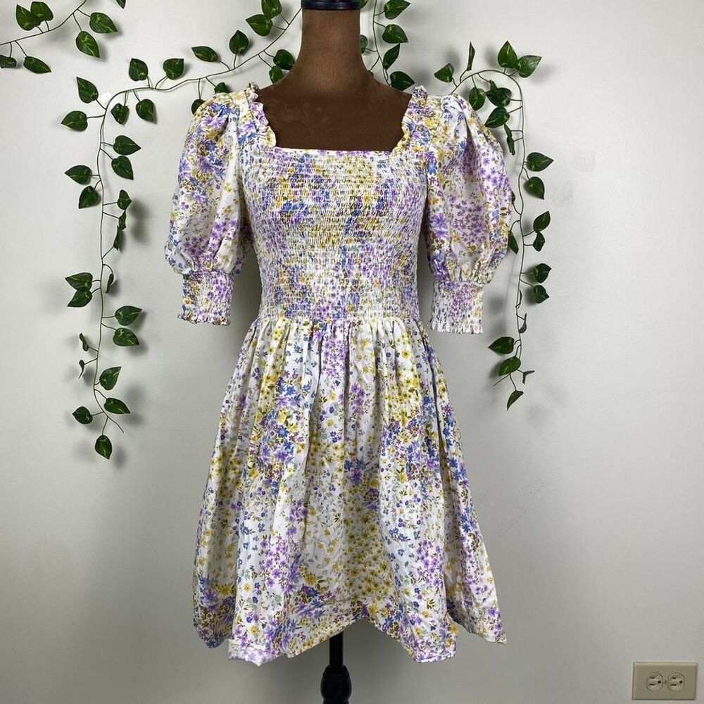 1. State cottage puff sleeve mini dress smocked bodice ruffle prairie garden tea